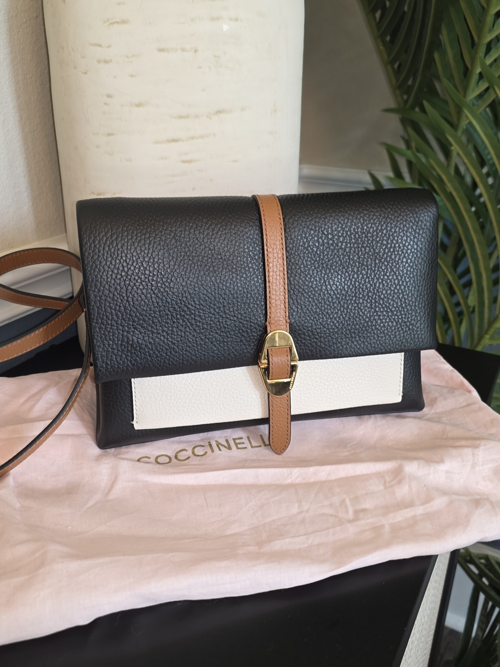 Coccinelle Black & White Crossbody Bag with Tan Strap